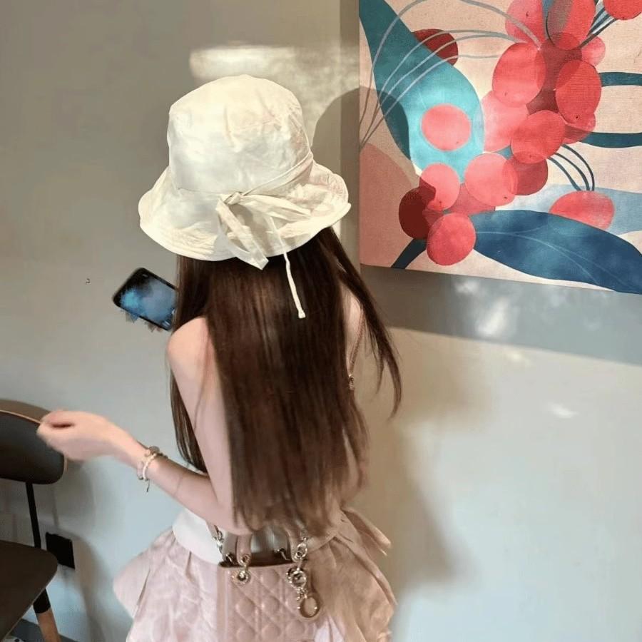 Summer Girls Spring and Summer Face Small Shade Pure Sun Protection Afternoon Baking Cake Bow Strap Quick Drying Bucket Hat