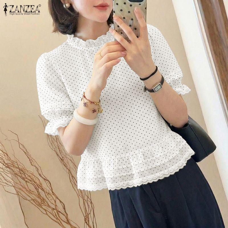 ZANZEA Women Casual Round Neck Polka Dot Print Short Sleeve Blouse
