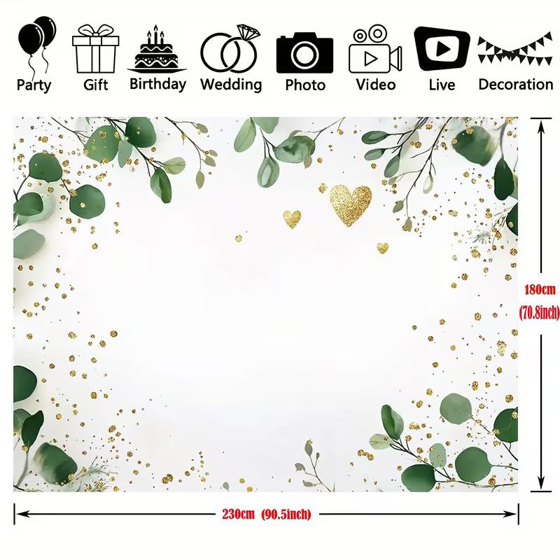 2D Green Leaves and Gold Glitter Backdrop Engagement and Baby Shower Photography Background