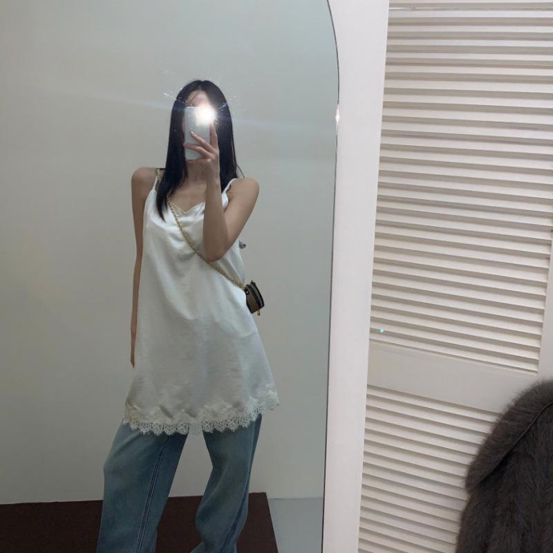 2026 Korean Lace Patchwork Slimming Midi Camisole Dress