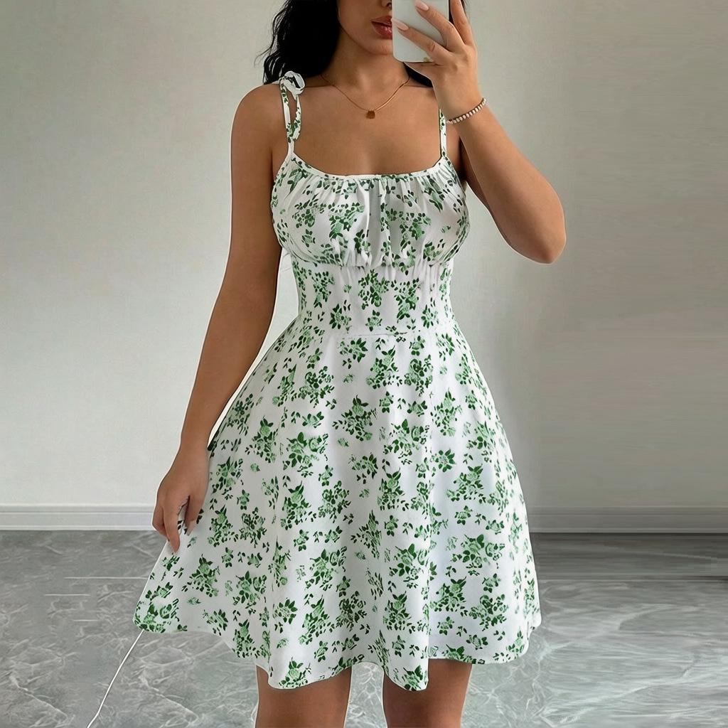 2025 Summer Floral Print Spaghetti Strap Dress - European & American Style with Square Neck and Short Skirt