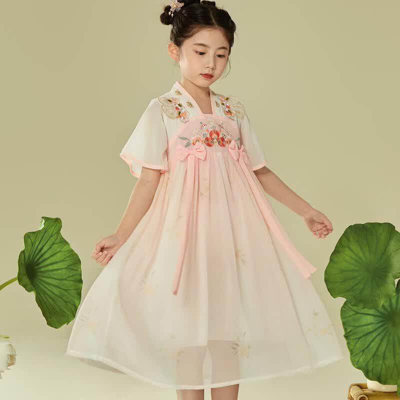 Girls' Princess Style Hanfu Short Sleeve Embroidered Dress
