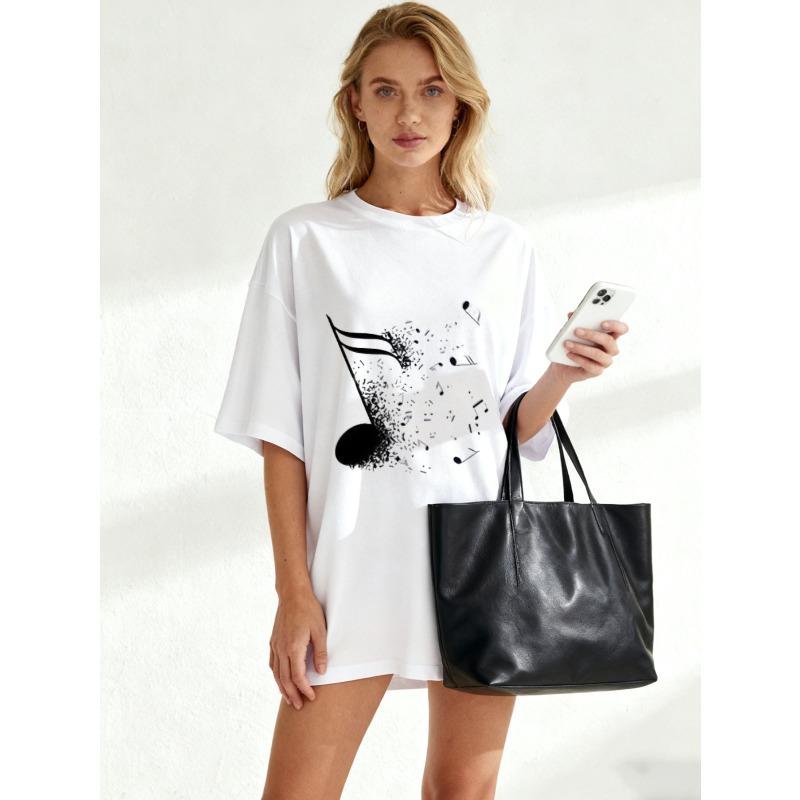 Black Oversized T Shirt With Music Note Print For Casual Wear And Music Lovers