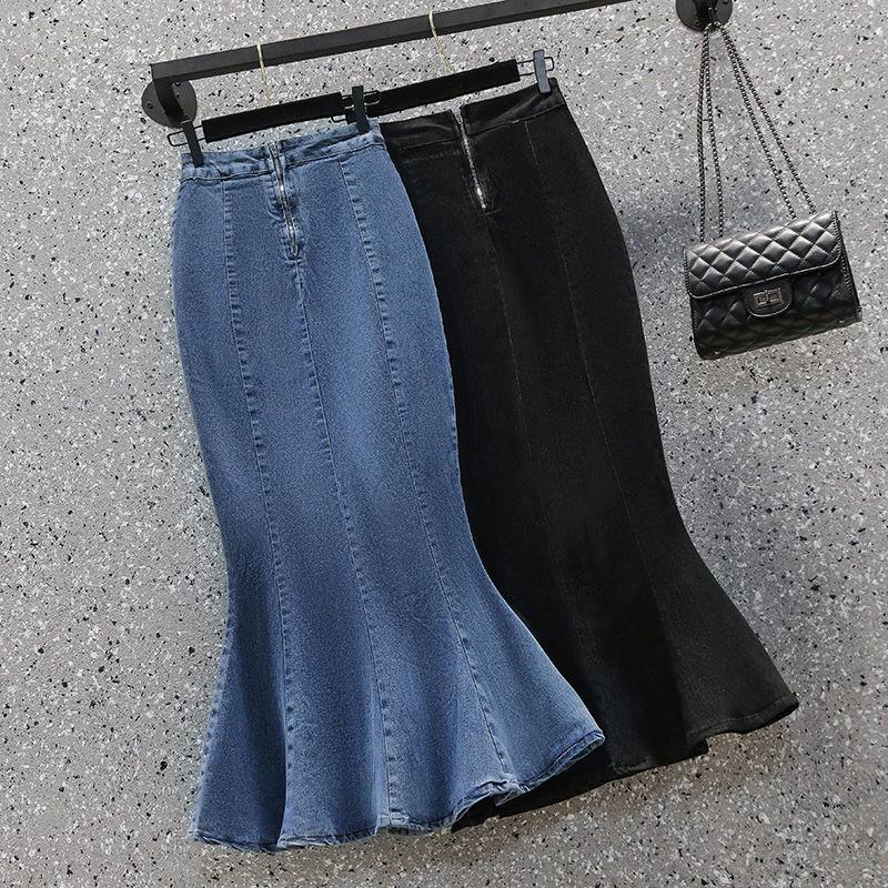 Denim Pencil Skirt With Ruffle Hem For Office Women Autumn Winter