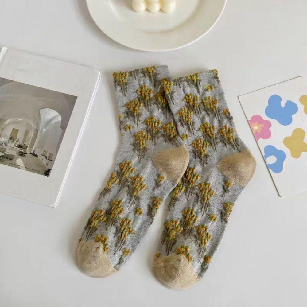 5Pairs Breathable Floral Short Socks Patchwork Retro Socks Soft Mid Tube Socks Female