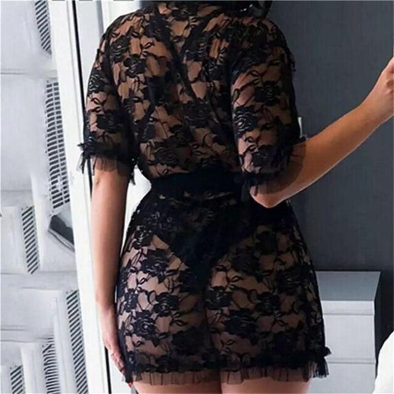 Women Sexy Lingerie Black Lace Dress Robe Sleepwear Ladies Female See Through Floral Nightgown Underwear