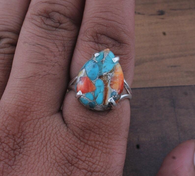 Solid 925 Sterling Silver Prong Setting Ring Oyster Copper Turquoise Pear gemstone Ring Handmade Jewelry