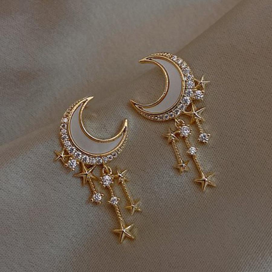Trendy Moon Star Tassel Drop Earrings for Women Planet Rhinestone Love Heart Cross Pendant Earrings Wedding Party Jewelry Gift