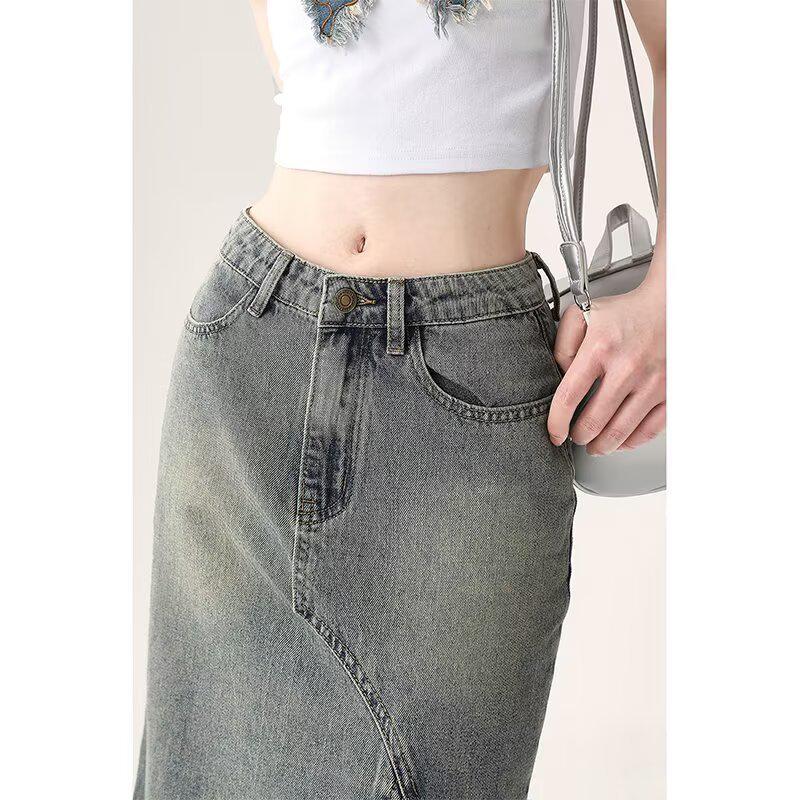 Vintage High-Waist Fishtail Denim Skirt - Women's Slim Fit Midi for Spring/Autumn