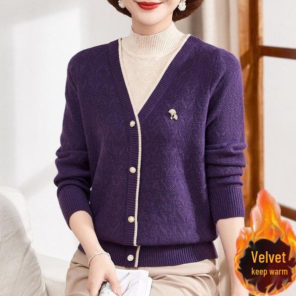 Elegant Plus Velvet Thickened Sweater: Warm Two-Piece Base Layer for Middle-Aged & Elderly Women