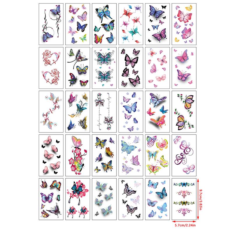 30 Sheets 3D Butterfly Flower English Pattern Temporary Tattoo Sticker,Small Size Body Arm Shoulder Wrist Fake Tattoo Sticker