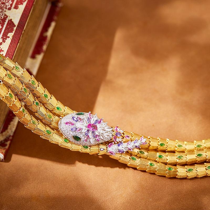 Exaggerated Three-layer Princess Snake Necklace, Gold-plated Turquoise, Personalized High-end Luxury Women's Snake Collar