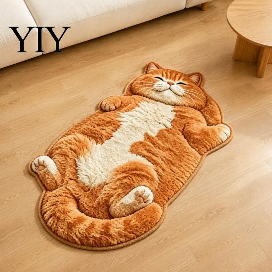 Easy to Clean Bedroom Rug Cozy Cat Shaped Floor Rug, Plush Cartoon Area Mat, Soft Whimsical Pet Themed Cover Crystal Velvet Decorative for Bedside And