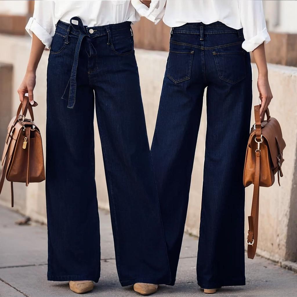 Women's Mid-Rise Stretch Jeans Fashion Straight Leg Denim Pants With Pockets