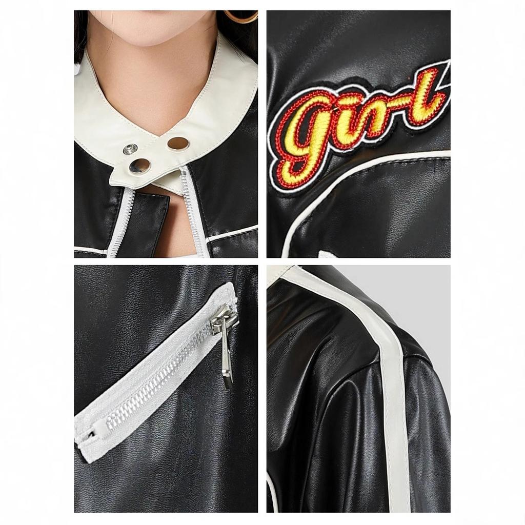 European And American Pu Women'S Leather Jacket, Locomotive Jacket, Spice Girl Style Short Contrasting Color Splicing Leather Top