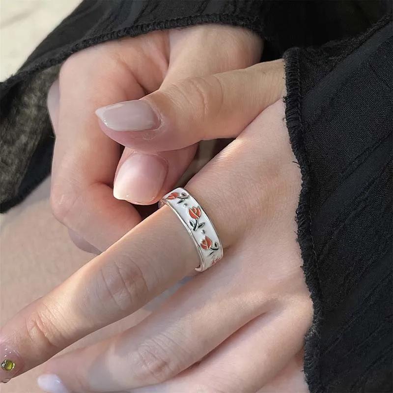 New Vintage Enamel Tulip Flower Rings for Women Fashion Simple Sliver Color Adjustable Opening Finger Ring Party Weeding Jewelry
