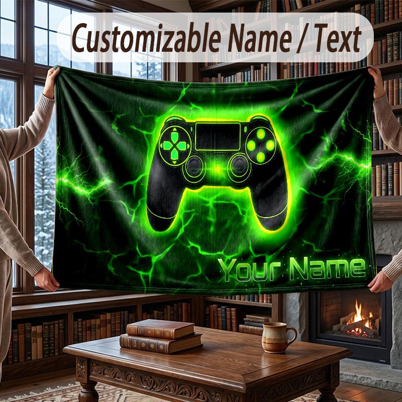 Game Controller Theme Throw Blanket Custom Name Text Personalized Blanket Soft Cozy Blanket for Home Sofa Bed