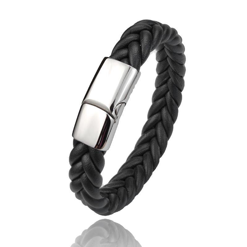 Punk Men Braided Leather Bracelet Jewelry Black/Brown/Red/Blue Stainless Steel Magnetic Clasp Fashion Bangles Charm Bracelets