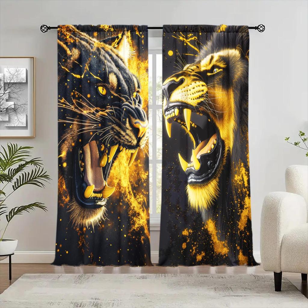 2pcs Domineering Golden Tiger Leopard Animal-themed Curtains   Semi-black-up Curtains   Suitable for Decorating Various Room Types