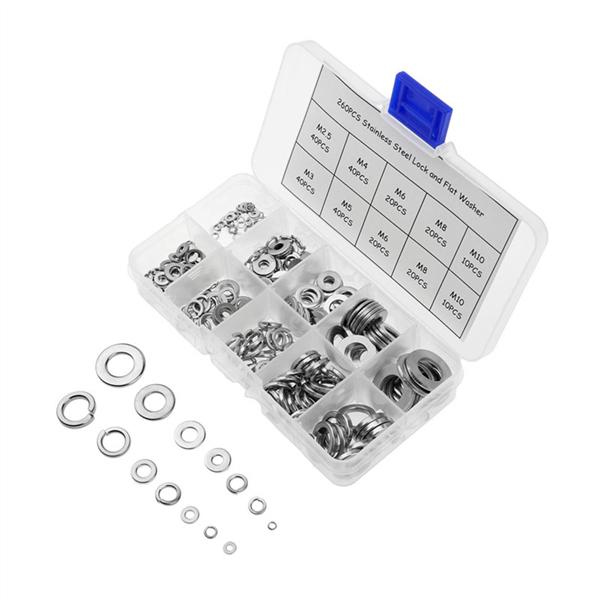 Flat Washer resistant finish 260PCS Assortment Set 7 sizes Spring Washer for industrial construction fasteners