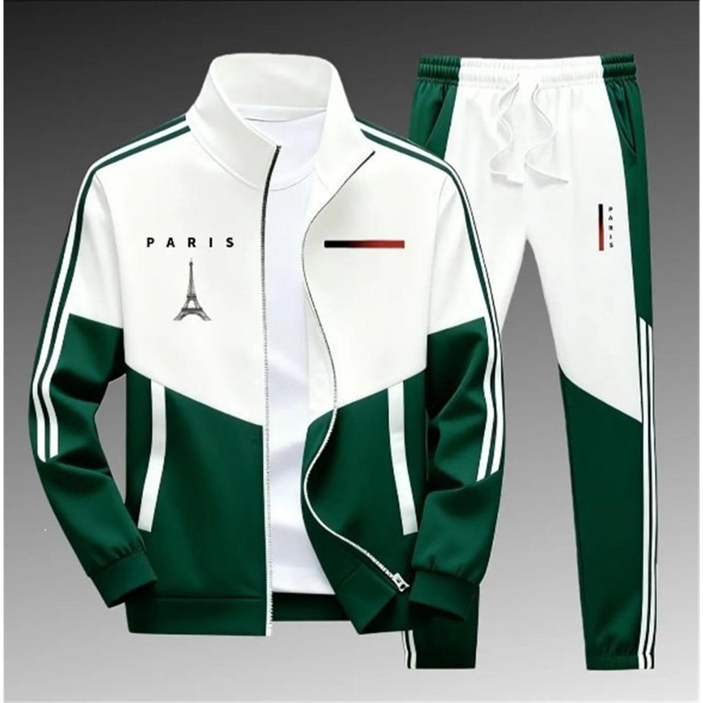 Men 2‑Pieces Tracksuit Color Block Zip‑Up Stand Collar Jacket + Elastic Waist Jogger Pants Set Casual Sports Outfit 