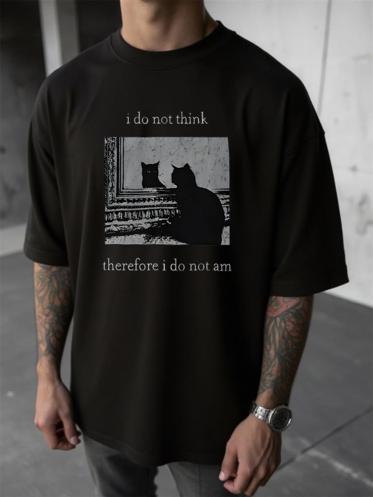 Schwarze Katze Spiegel Philosophie Aufdruck T-Shirt Ich denke nicht, also bin ich nicht Philosophie und Kunst Design Sommer Hundert Lässig