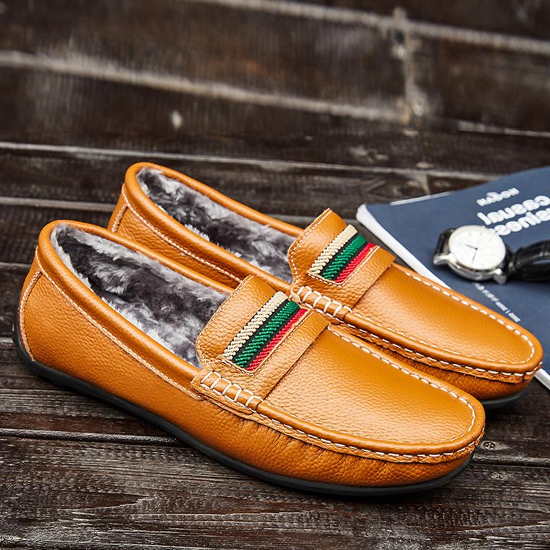 Large Size Winter Fur Loafers Shoes For Men Leather Man Casual Moccasins Mens Driving Shoes Slip On Flats