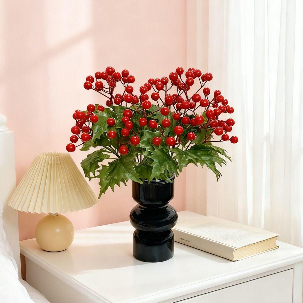 7Branches Artificial Christmas Berry Green Holly Leaves Foam Artificial Plant Red Berries Photo Props Christmas Decorations