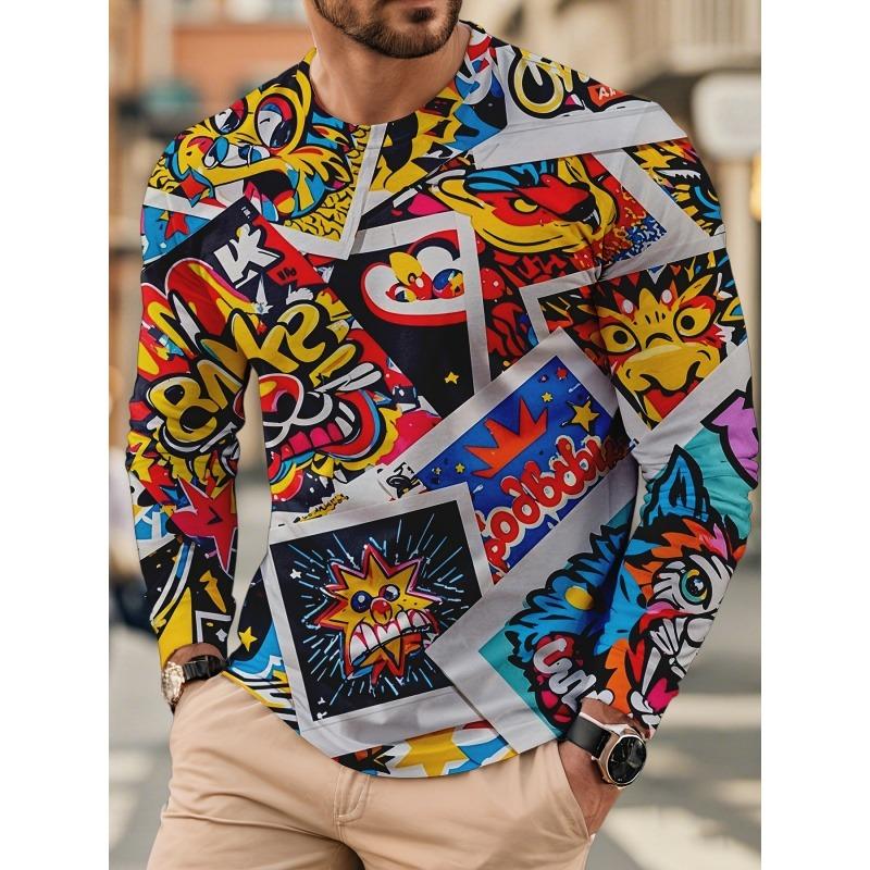 Cool Cartoon Graffiti Print T Shirt For Men Skull Robot Pattern Tees Autumn Casual Long Sleeves O-Neck Tops Loose T-Shirts