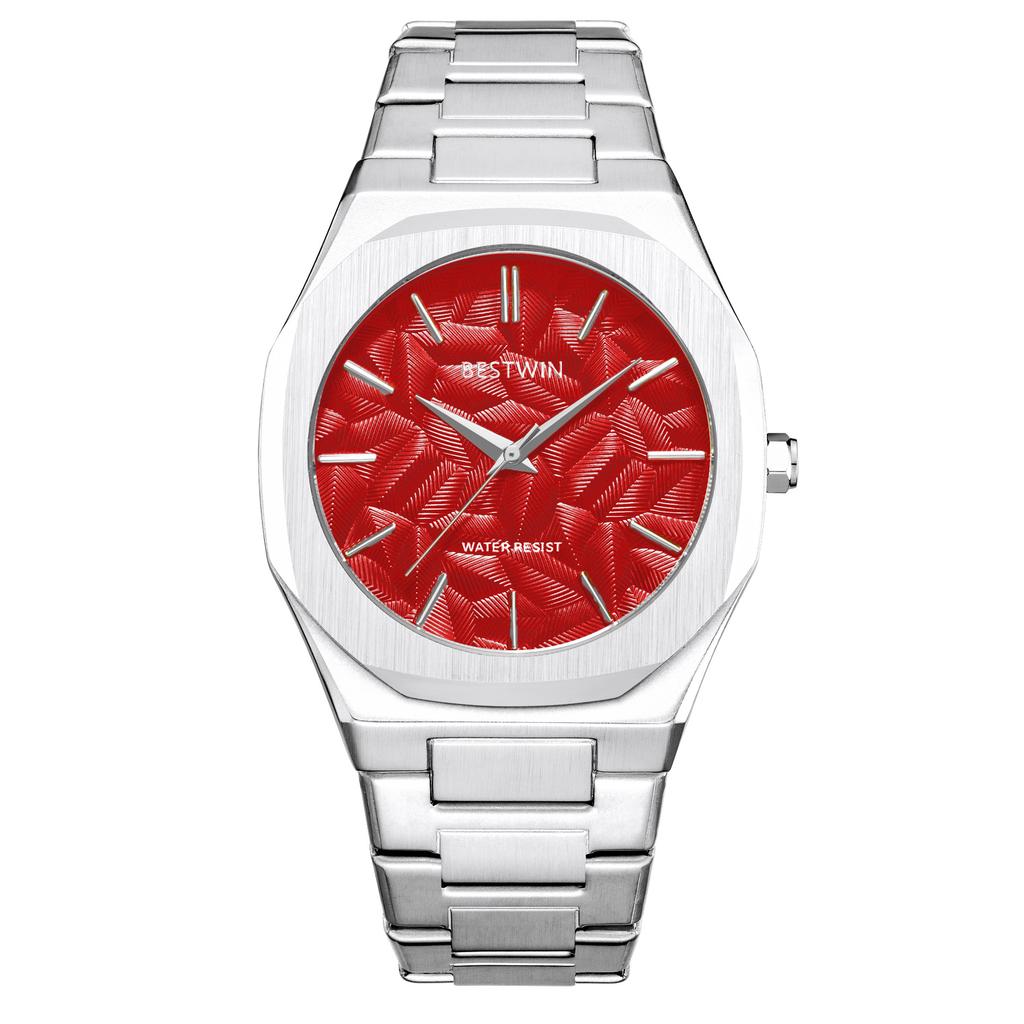 Men's Quartz Watch Embossed Leaf Dial Steel Band Waterproof Fashion Male Wristwatch Premium Quality Steel Strap Business Watches