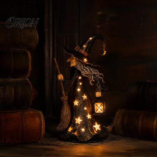 Halloween Party Props Witch Lamp, Light Up Figurine with Broom And Lantern, Gothic Resin Table Decor Spooky Night for Tabletop Indoor Home Mysterious