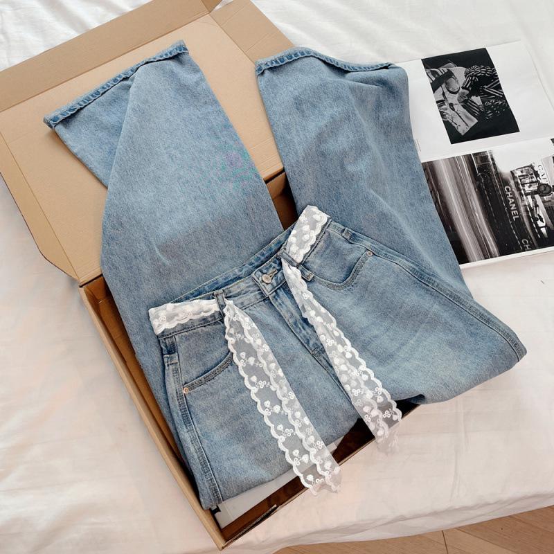 Spring/Summer Korean Style High Waist Denim Wide-Leg Pants with Lace Belt