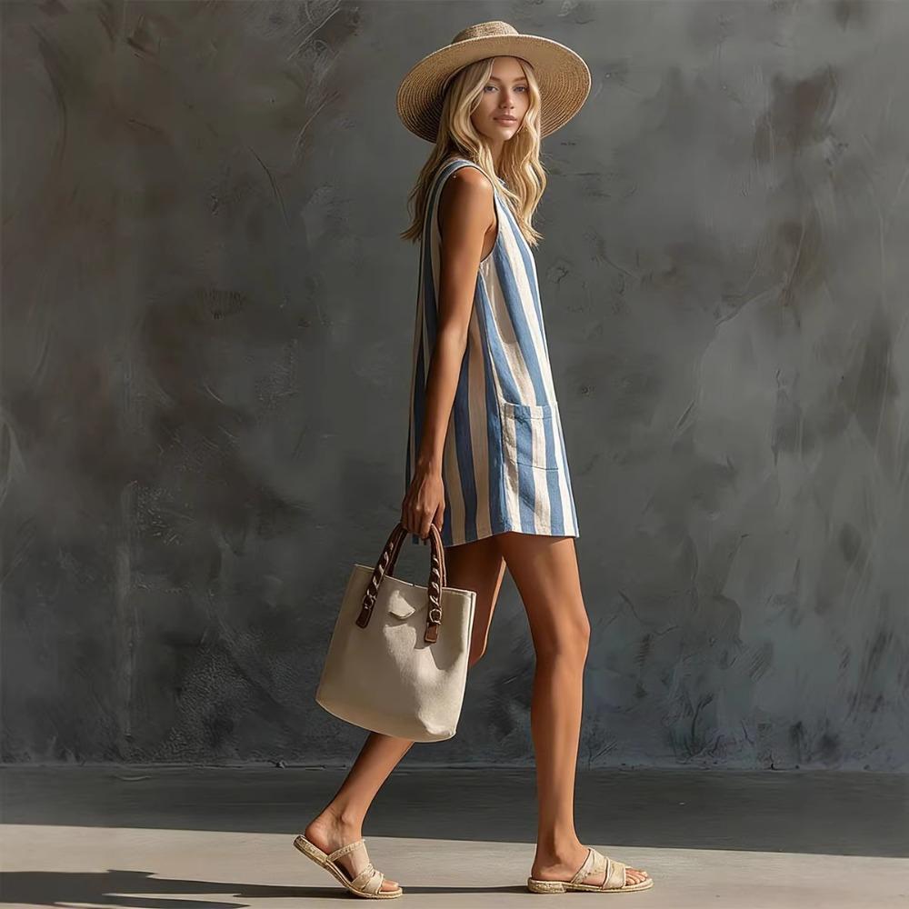 Vintage Striped Mini Dress, Round Neck Sleeveless Women Dress
