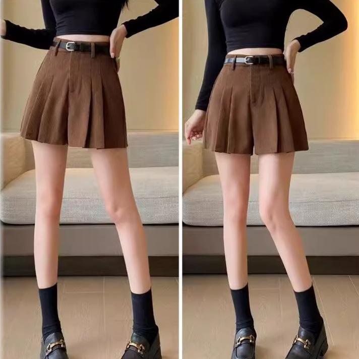 Casual All-match Versatile Corduroy Pleated Skirt Trousers for Women Autumn Winter High-Waisted Slimming Shorts Simple Versatile A-Line Trousers