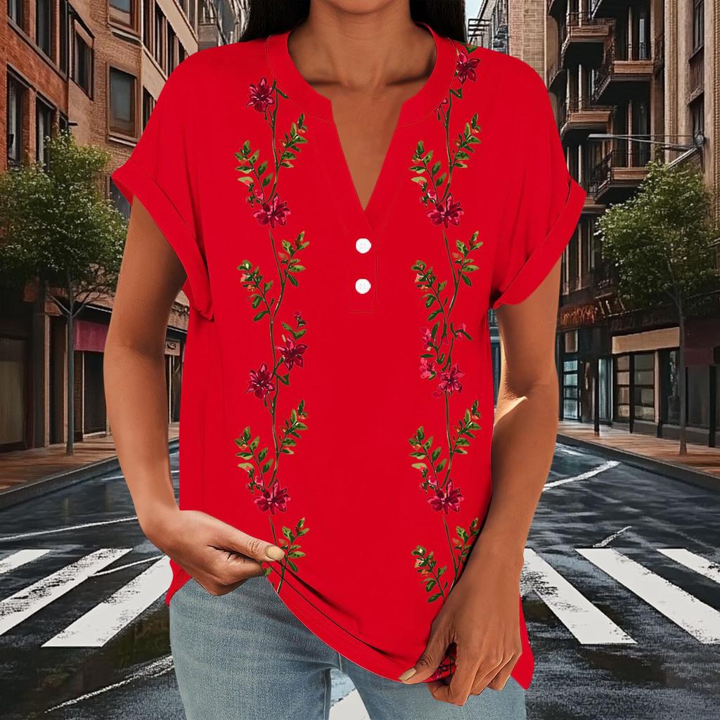 Women Casual Loose Fit Short Sleeve V Neck Button Floral Print Top Lightweight Summer Blouse