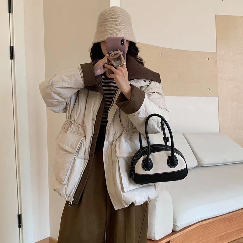Knitted splicing down jacket women's 2024 winter fashion waist, thin and warm white duck down contrasting color lapel jacket tide