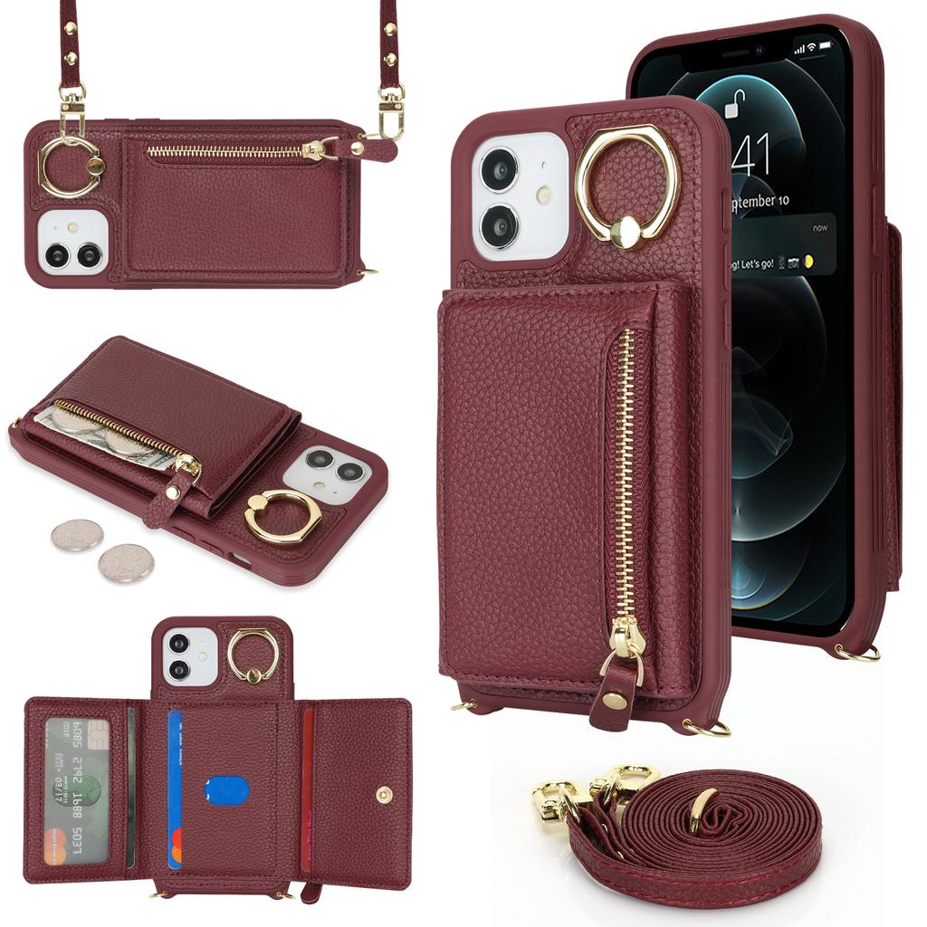 For iPhone 12/12 Pro Case Card Bag Ring Holder Litchi Texture Leather+TPU Phone Cover with Long Strap