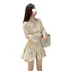 French floral v-neck bubble sleeve chiffon dress women's 2026 spring new waist irregular streamer short skirt