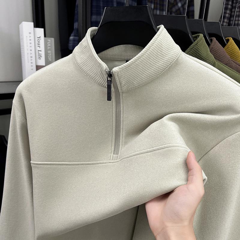 Men's Double-Sided German Fleece Half-Zip Hoodie - Stand Collar, Warm Base Layer for Autumn/Winter, Simple Casual Fashion.