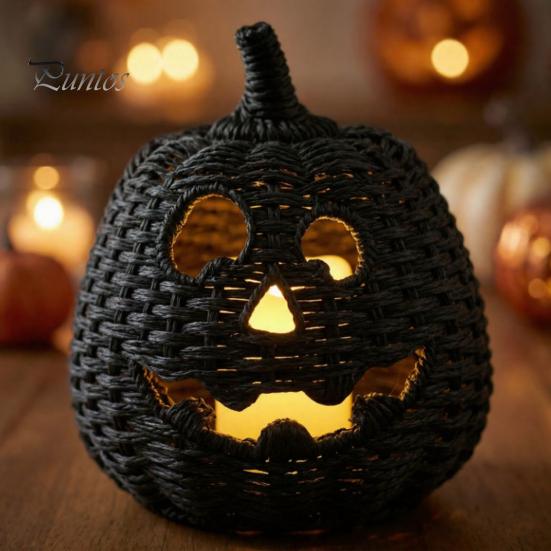 Decoraciones Espeluznantes para Repisa Halloween Cesta de Calabaza de Resina, Linterna Falsa Tejida Adorno, Acentos para el Hogar para Bote de Dulces Negro Decoración de Mesa Regalo de Inauguración