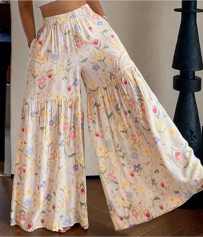 Women s Colorful Floral Print Wide Leg Pants S абрикосовый