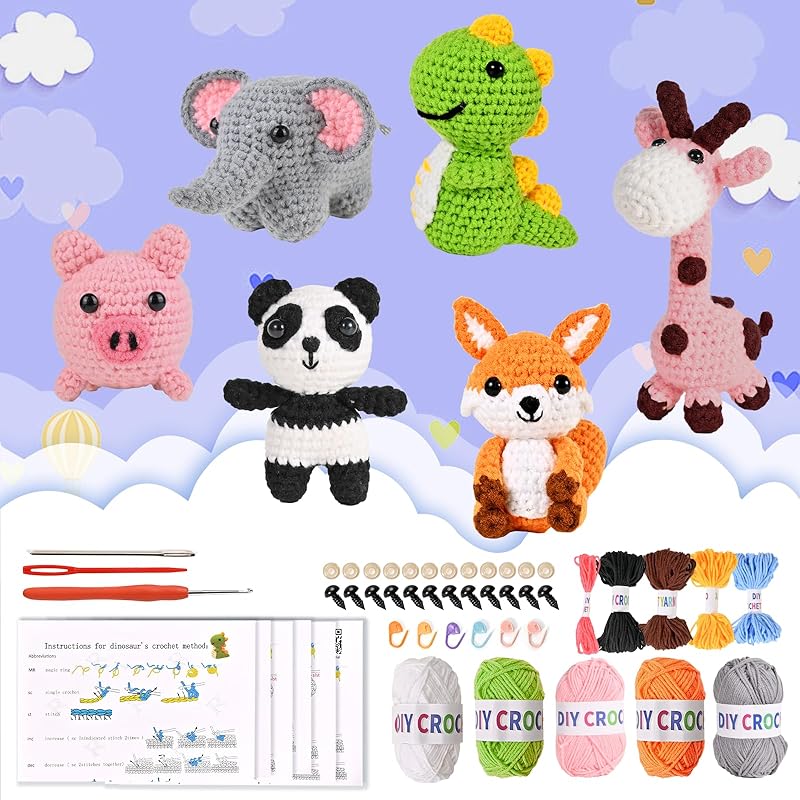 Wunila 6Pcs Crochet Kit for Beginners, DIY Craft for Adults and Kids, Great Gifts for Crochet Lovers, Crocheting Animals Kits with Step by Step