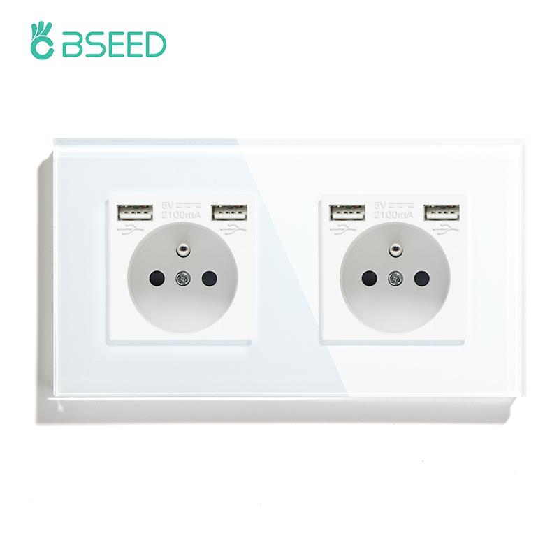 BSEED Single French Wall Socket Double Power Sockets Triple Electric Sockets With Type-c Double USB Charing Ports  Glass Frame