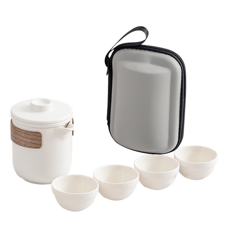 Portable Ceramic Travel Tea Set: Quick-Brew Pot & 4 Cups for Outdoor & Car Use, Simple Carry-Along Gift