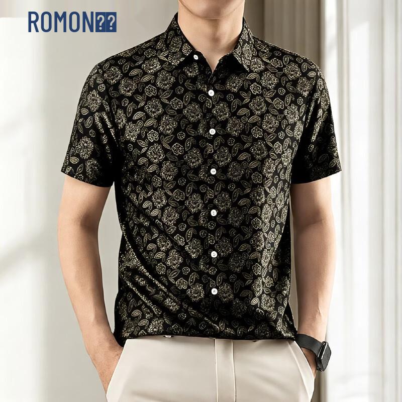 Romon Men s Floral Short Sleeve Ice Silk Shirt 4XL