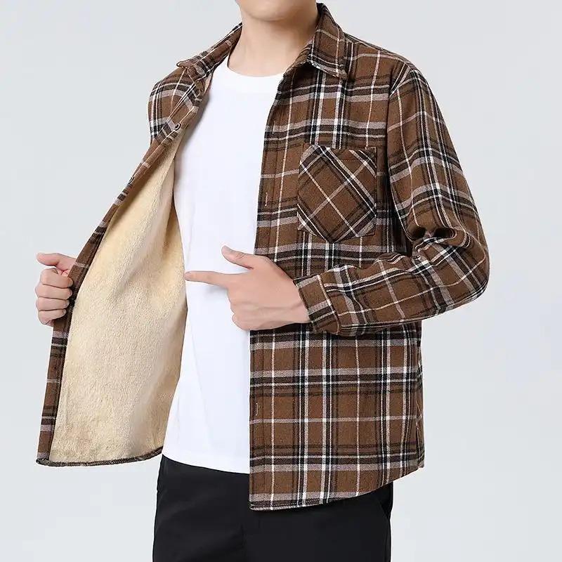 Men's Clothing Autumn and Winter Plaid Contrast Button Cardigan Lapel Long Sleeve Shirts Top