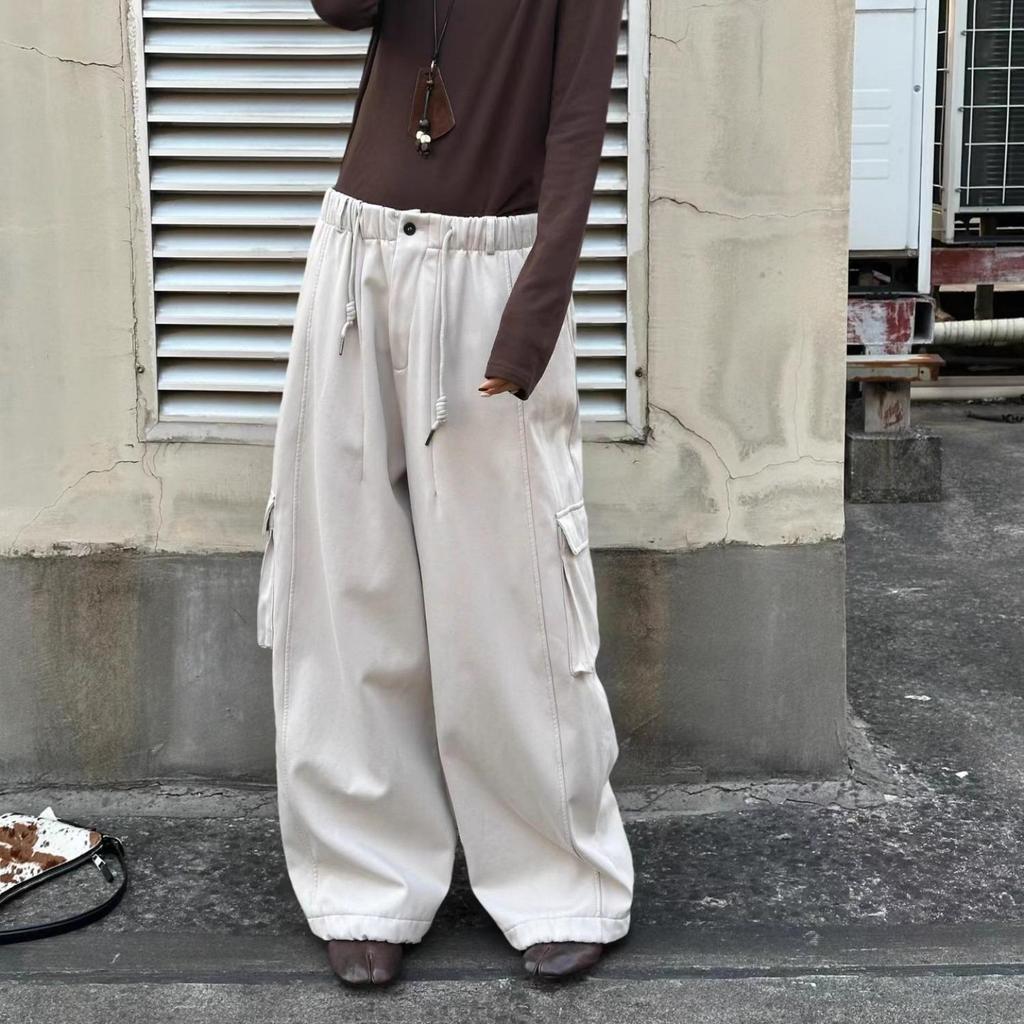 Becabeau Women's Winter Korean-Style Loose Plus Size Fleece-Lined Wide-Leg Cargo Pants