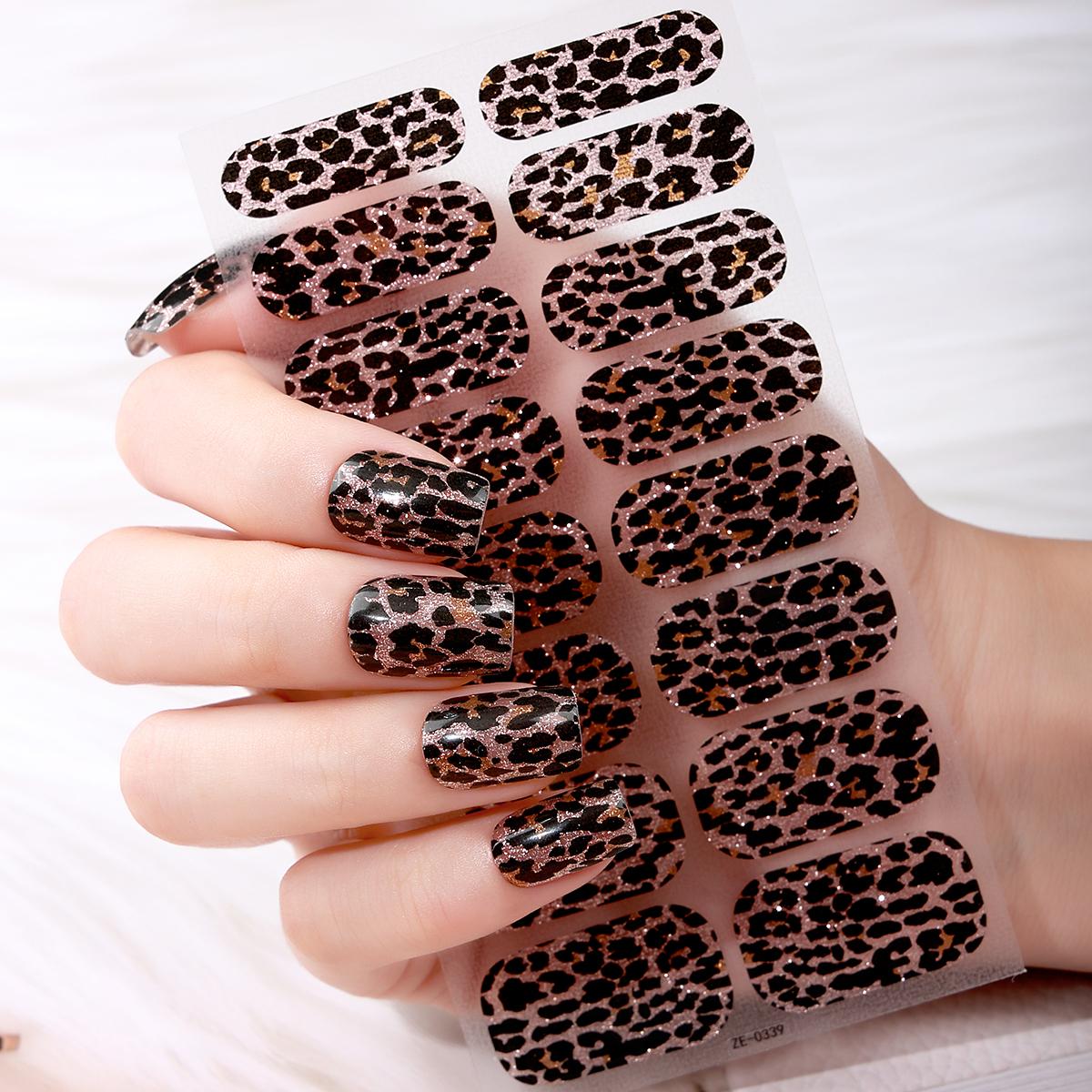 16 Stuks Full Cover Nagellak Stickers Sprankelend Luipaard Patroon Nagellak Stickers Langdurig Zelfklevend DIY Manicure Decor gray