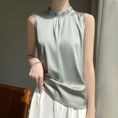 Women's Summer Stand-Up Collar Sleeveless Tank Top Solid Color Slim-Fit Base Layer