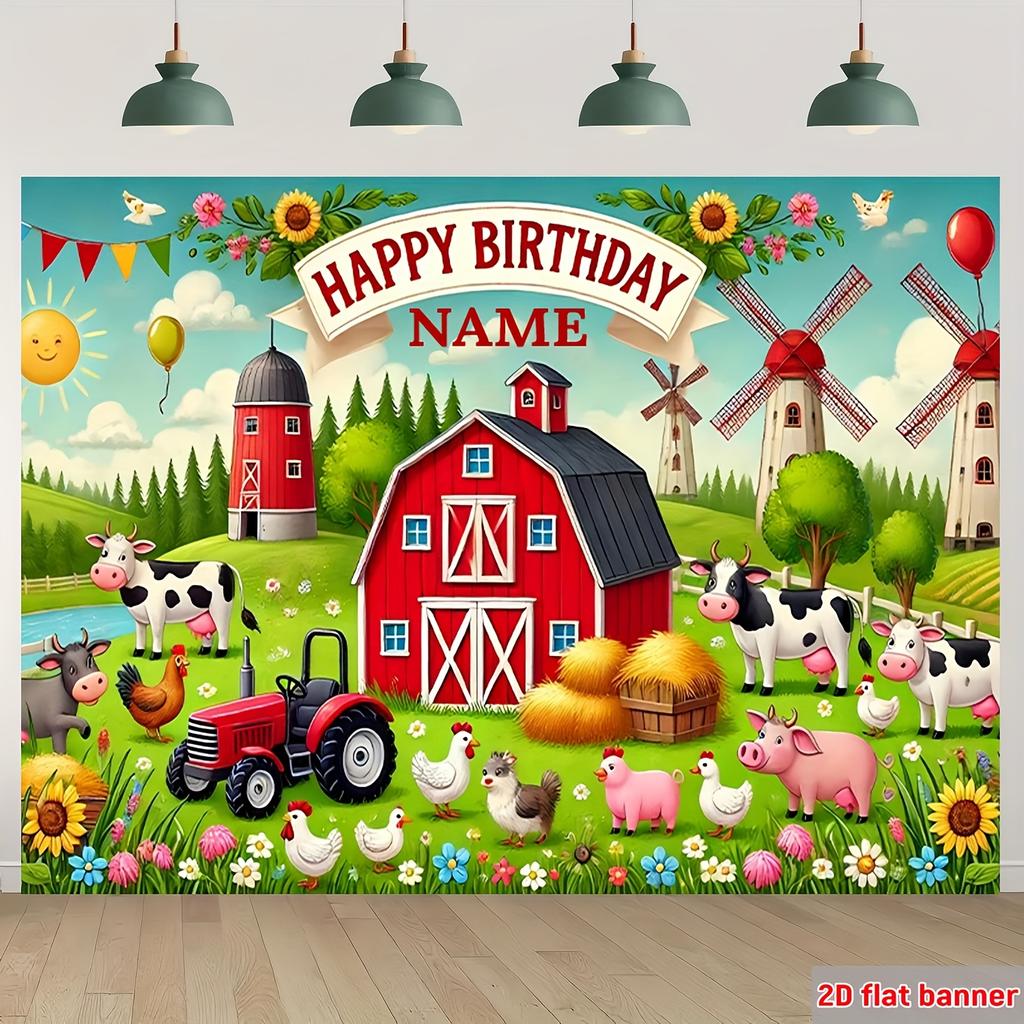 Personalized 2D Flat Birthday Party Background Fabric Joyful Farm Animal Themed Atmosphere Decoration